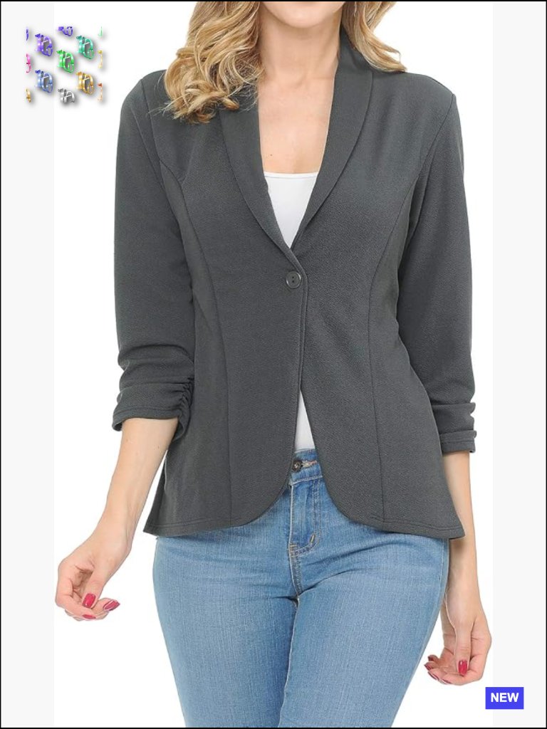 Lightweight Blazer 3/4 Ruched Sleeve Classic Work Office Jacket Chic